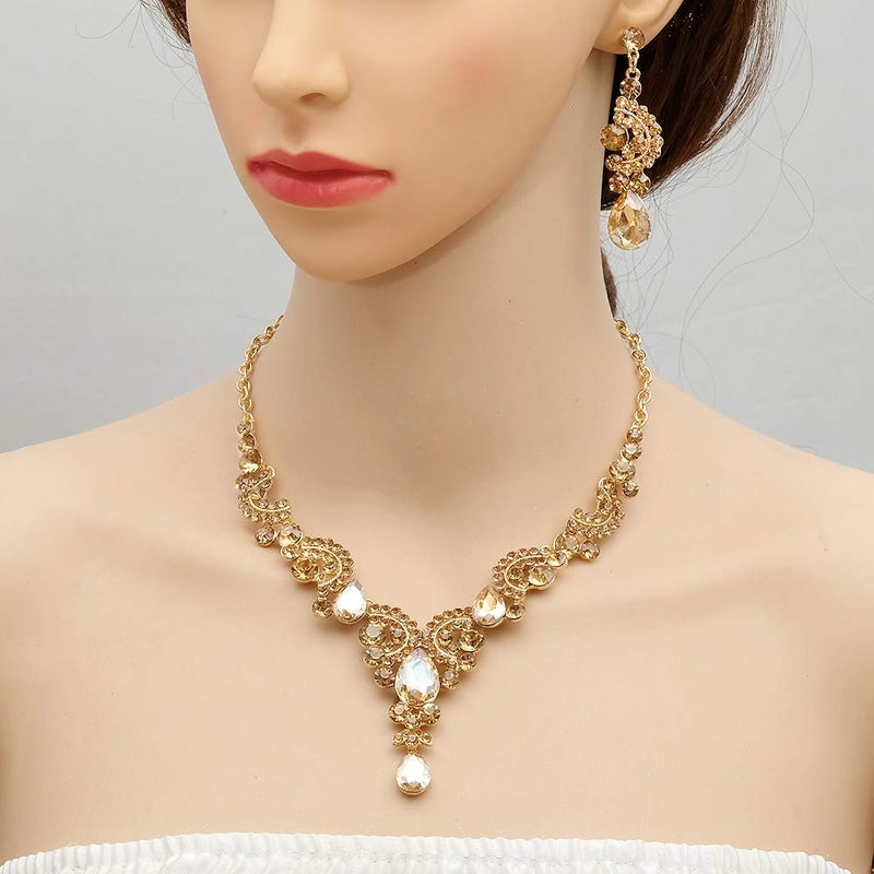 CSY 4 Pcs/Sets Elegant Crystal Necklace Earrings Bracelet Ring Bridal Wedding Costume Jewelry Sets for Brides Women Gifts (gold plated-champagne) - Image 5